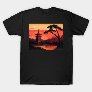 Ukiyo-e Japanese Art - Red Pagoda at Sunset T-Shirt